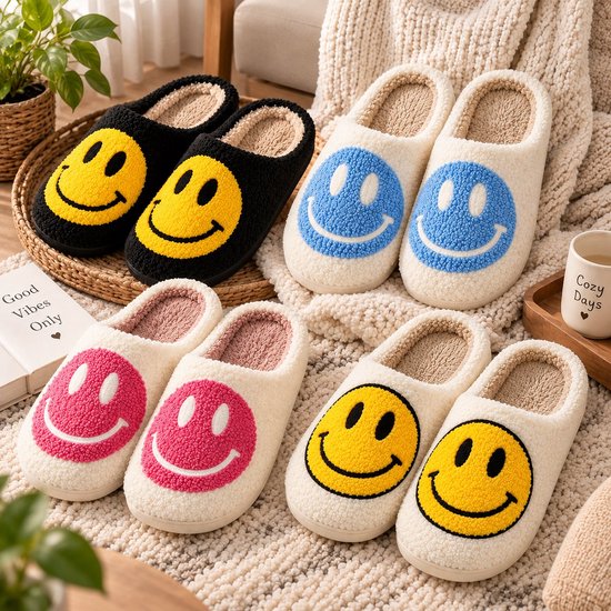 Set van comfortabele pantoffels met gele, roze en blauwe smiley gezichten op een witte basis.