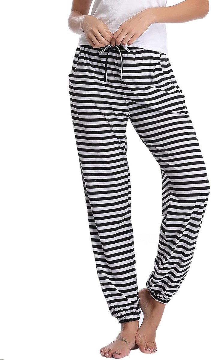 Pyjamabroek voor dames, katoen, pyjamabroek, lange vrijetijdsbroek, Zwarte strepen, S