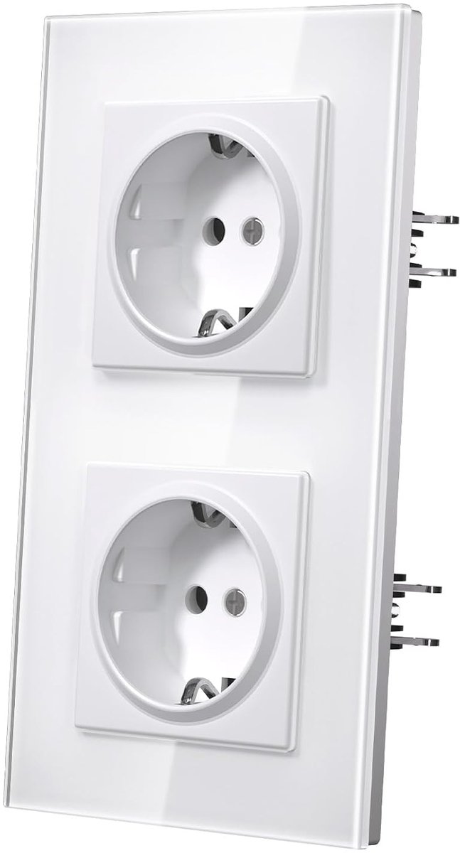 Wandcontactdoos met haak, standaard inbouwstopcontacten, glasplaat, snelle veeraansluiting, kindveilig,2 Stopcontact,157mm Wit