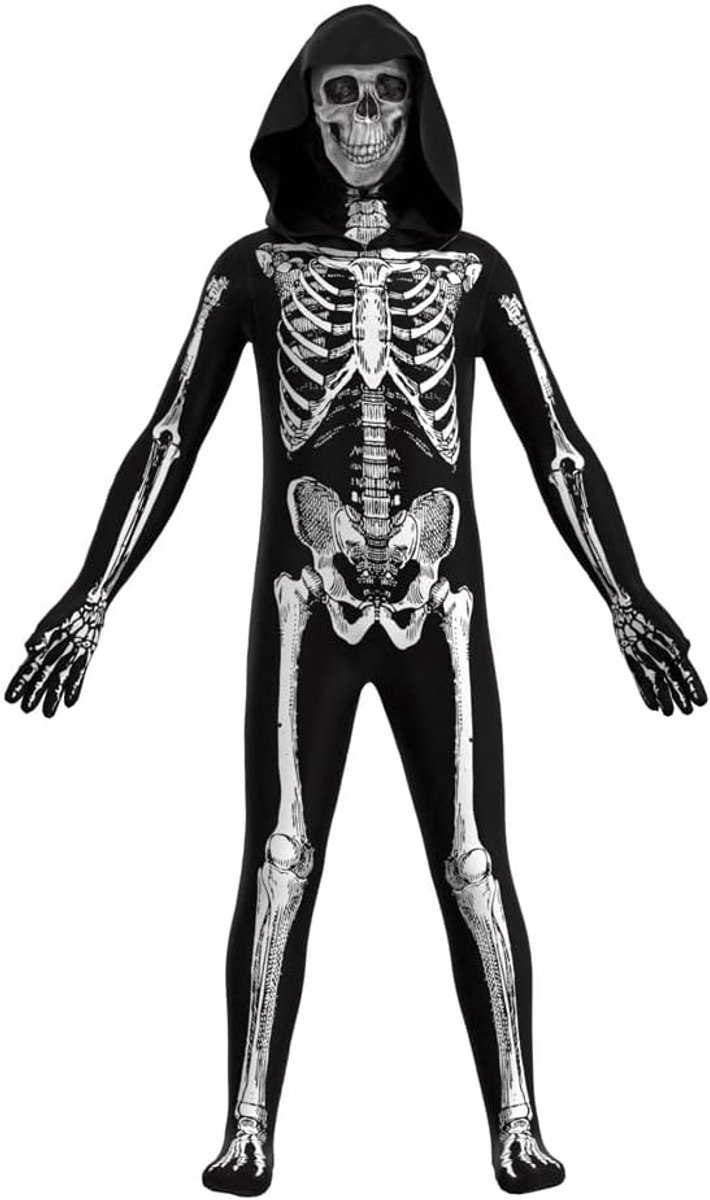 Halloween skelet kostuum heren volwassen 3D skelet lange mouwen jumpsuit met capuchon