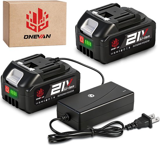 Twee zwarte 21V Li-ion accu's, een oplader, en een kartonnen doos met het ONEVAN logo.