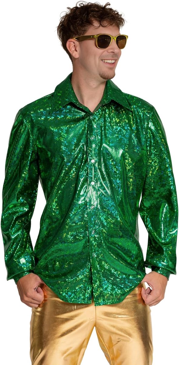 Disco Overhemd Mannen Jaren 70 Kleding Heren Disco Shirt Metallic Glanzend Shiny Hemd Lange Mouwen Carnaval Outfit Carnavalskostuum Discohemd - Maat S t/m 3XL