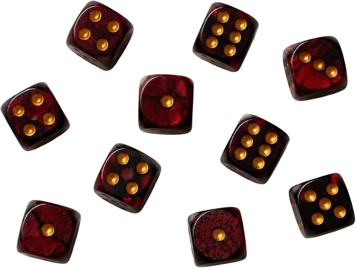 dobbelstenen zwart rood, 10 stuks 16 mm 6-zijdige acrylmatrix, D6 dobbelstenen van acryl voor bordspellen, rollenspellen en wiskundecursussen (zwart en rood)