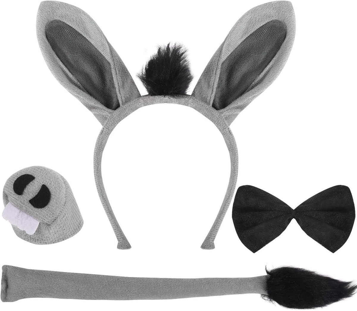 4-delige set ezelskostuums, verkleedkledij voor ezels, oren, hoofdband, neusstaart, vlinderdas, grappige dieren cosplay accessoires voor Halloween, carnaval, cosplay, themafeest