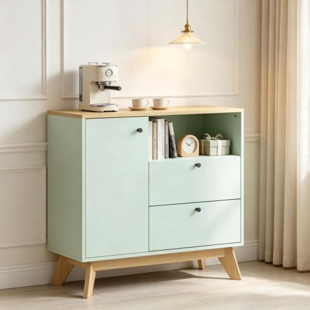 Dressoir lichtgroen eiken - Opbergkast met deuren en lades - Verstelbare plank - 80x35x76,3 cm - Woonkamer en keuken - Lichtgroen