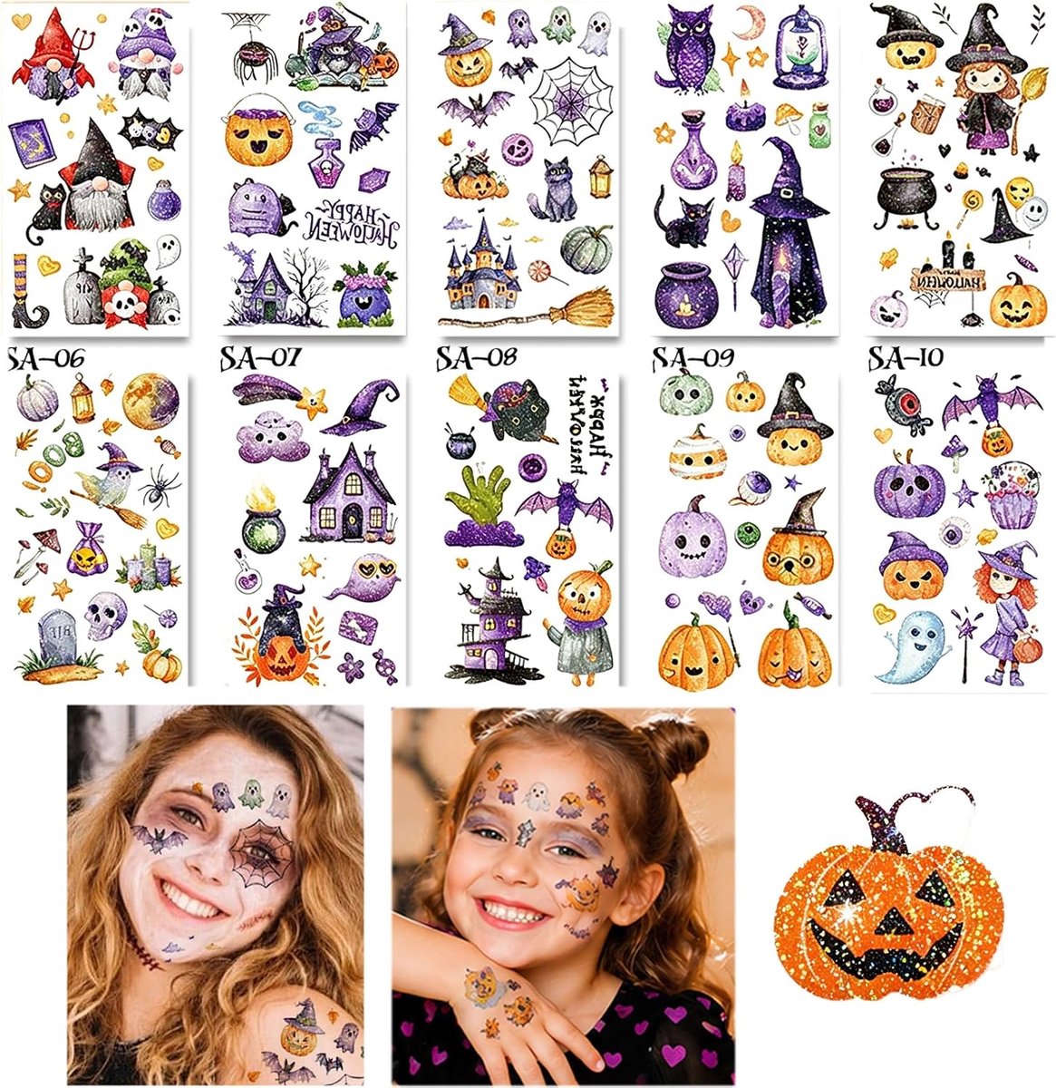 10 vellen Halloween-glittertatoeages als cadeautje voor