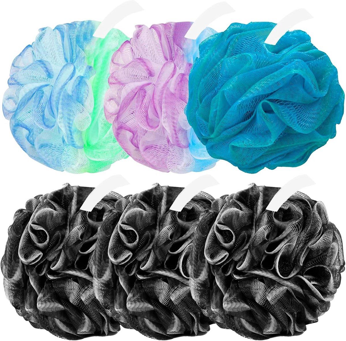 Loofah, loofah spons voor dames en heren, pak van 6 (groen paars blauw zwart zwart zwart)