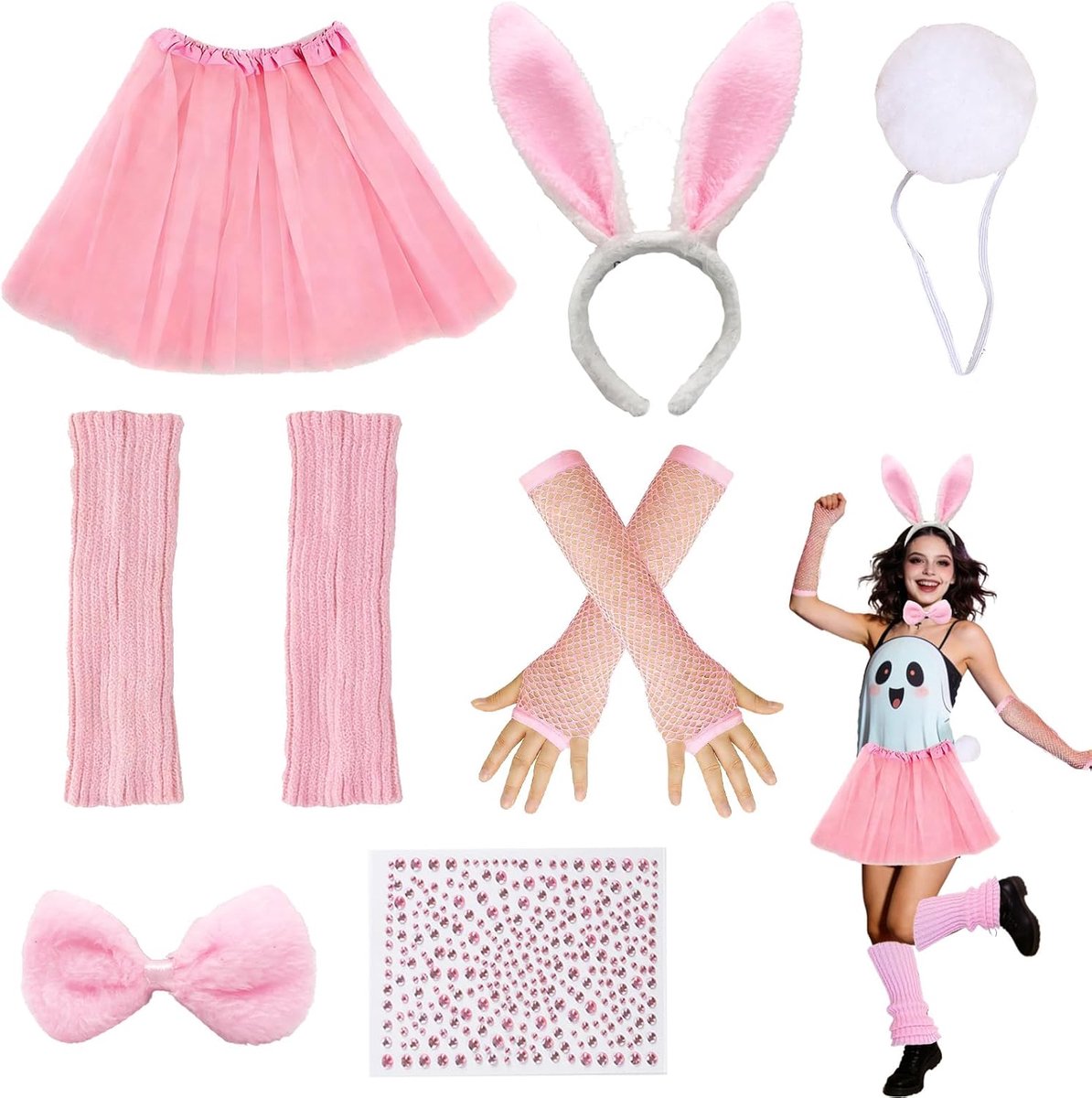 Set voor Dames, Compleet Kostuum met Oren, Strik, Staart, Handschoenen, Sokjes en Rok, Ideaal voor Feesten en Cosplay, Roze en Wit