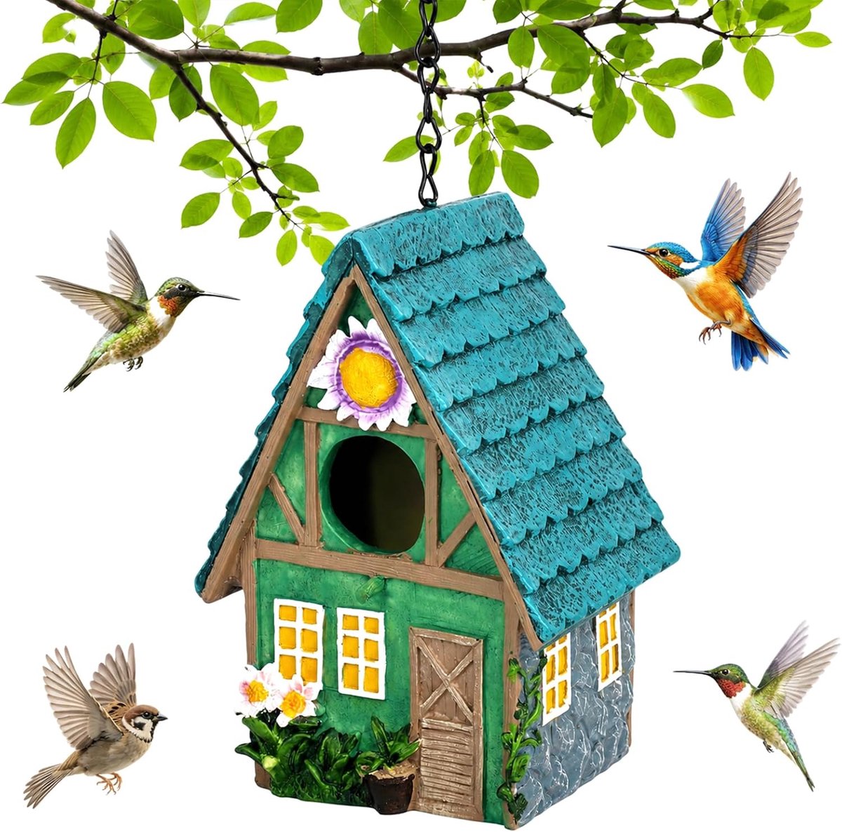 Vogelhuis om op te hangen, nestkast voor vogels voor buiten, weerbestendig, van kleurrijk kunsthars, met ketting en reinigingsopeningen voor kleine zangvogels zoals meiten, sperling fink