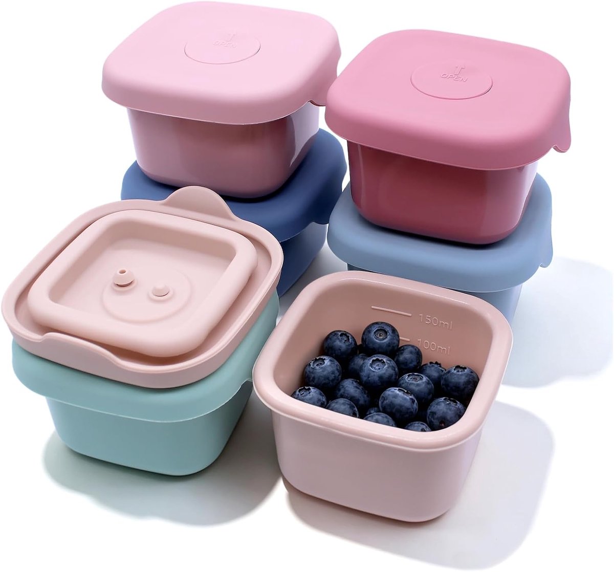 6 stuks siliconen vriesdozen, klein, 150 ml, vershouddozen met deksel, kleine voorraaddozen, kleine blikjes met deksel, kunststof, vriescontainer, BPA-vrij, sauscontainer mini