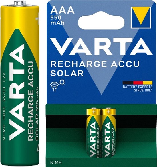 Verpakking met 2 Varta AAA Recharge Accu Solar batterijen. Geel met groene opdruk.