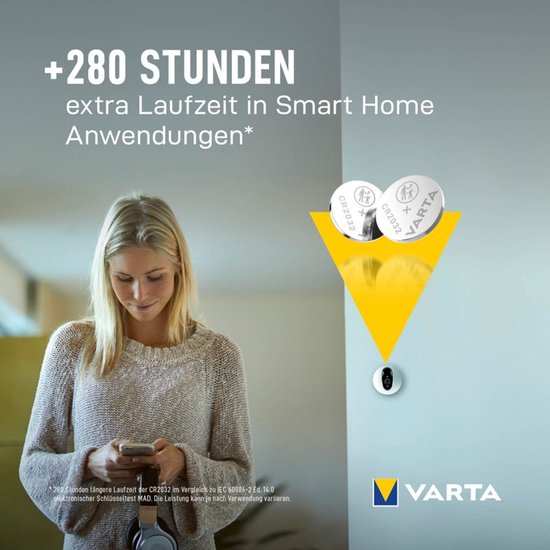 Piles Varta CR2032 dans une forme triangulaire jaune, avec le texte '+280 STUNDEN extra Laufzeit in Smart Home Anwendungen*'
