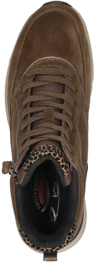 Bovenaanzicht van bruine suède Gabor Rollingsoft halfhoge veterschoenen met panterprint accenten en rits.