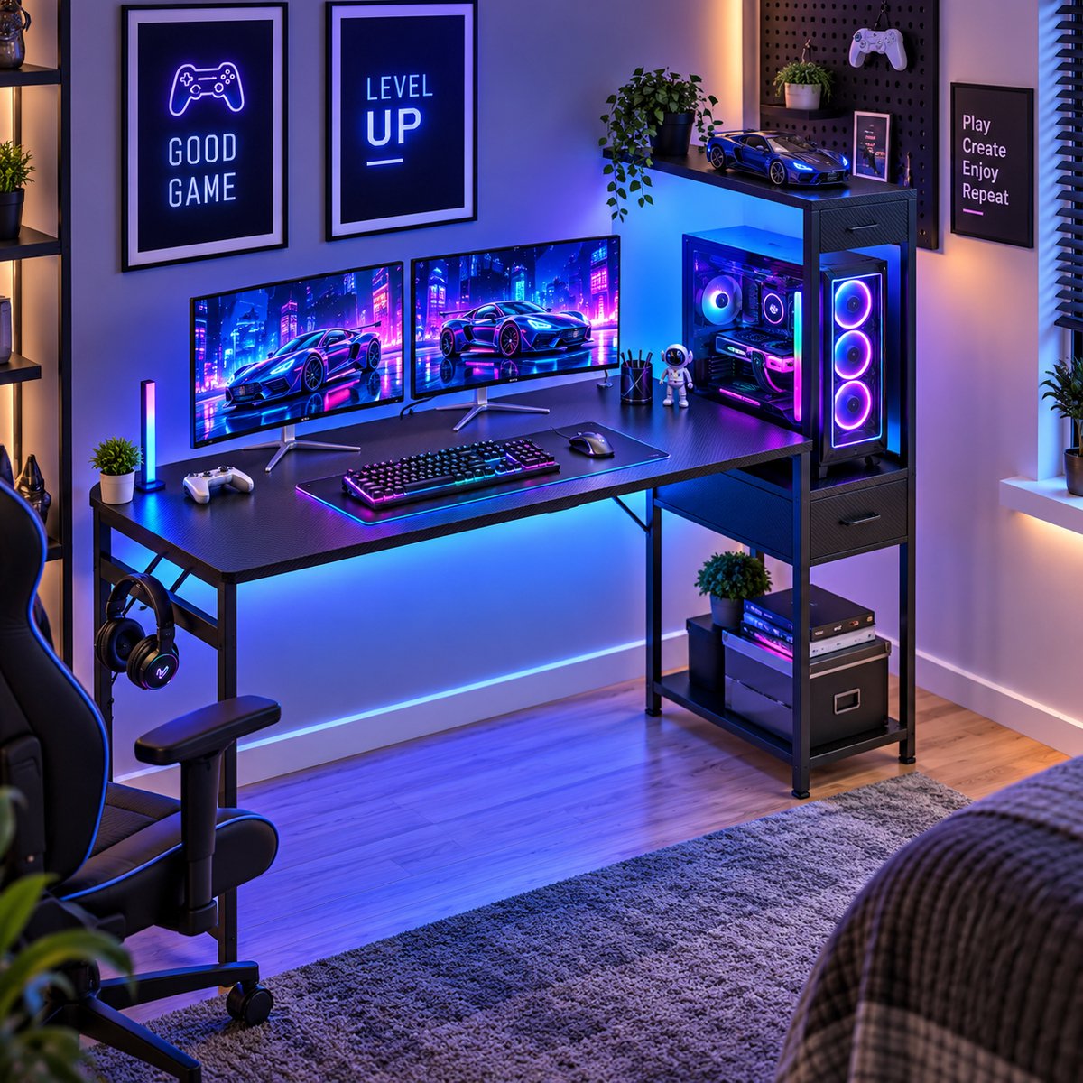 Parasha Nova Bureau - Gamingtafel met LED-verlichting, Gaming Bureau met Laden en Plank