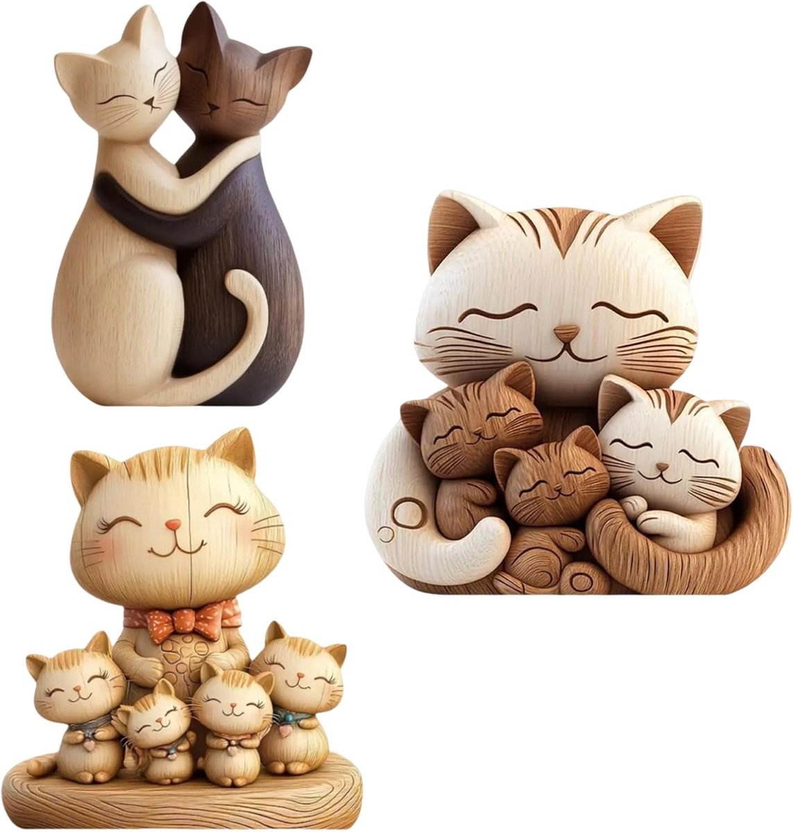 3 stuks kattendecoratie, kattenbeeld, het kan in de woonkamer, slaapkamer, op een plank enz. worden geplaatst en is een uniek houten cadeau voor katten- en dierliefhebbers