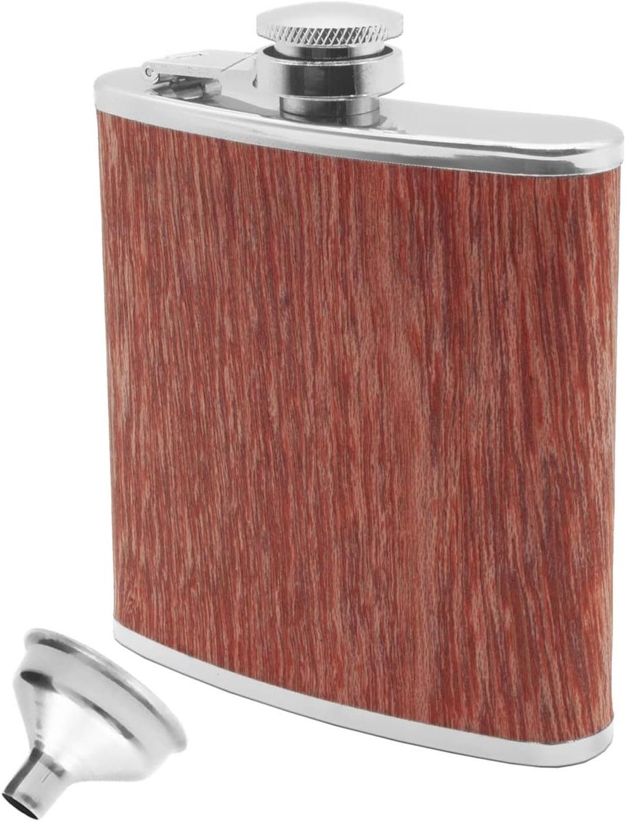 Heupfles, hoogwaardige zakfles, vlag, schnapsfles in hout design, schroefsluiting, geweldig cadeau-idee, 175 ml kersenboom rood