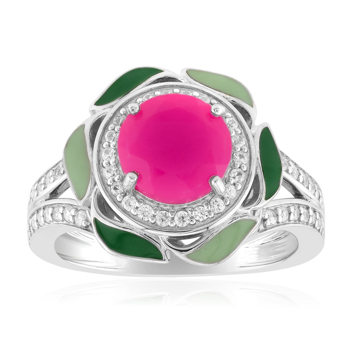 Cavill - Zilveren Rhodium Vergulde Ring - 925 Sterling Zilver - Frambozen Chalcedoon 1,206 ct Rond - Zirkonia Pavé 0,282 ct - Elegante Damesring