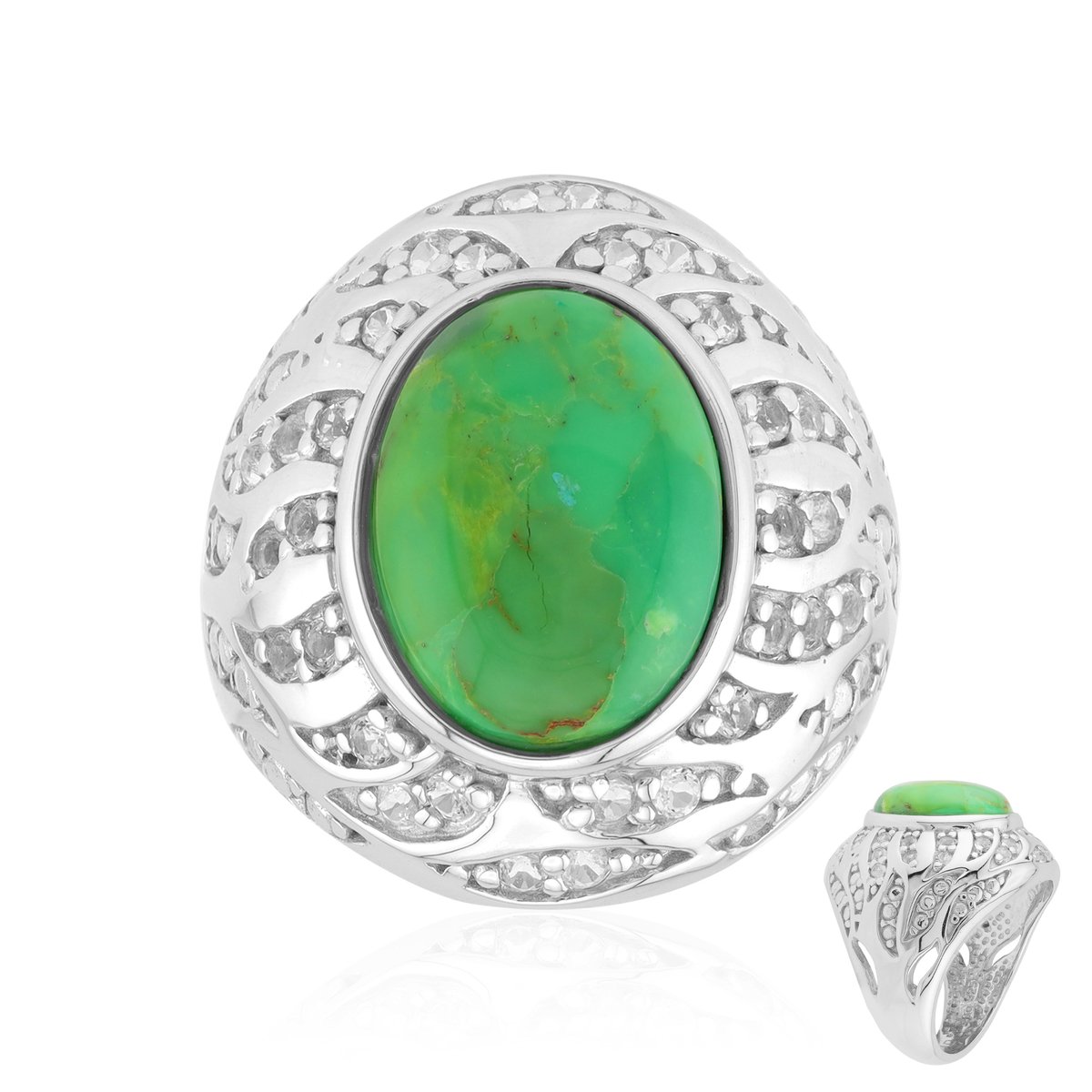 Cavill - 925 Sterling Zilveren Ring - Groene Kingman Mohave Turkoois 3,52 ct - Witte Topaas Pavé 0,48 ct - Elegant Handgemaakt Sieraad