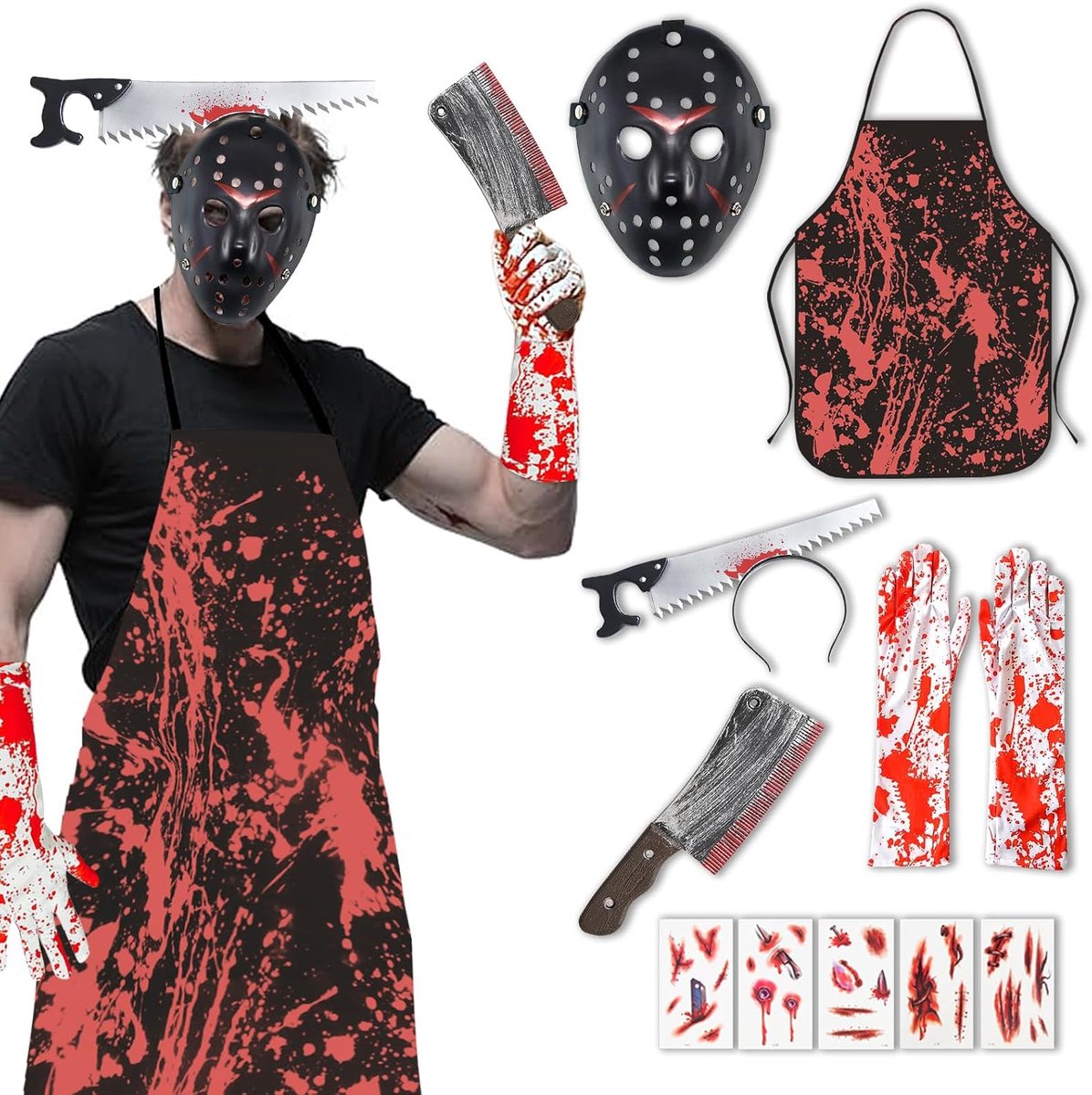 Halloween-kostuum voor heren, slagerkostuum, horror met bloedig schort, horroraccessoires voor Halloween-party, carnaval