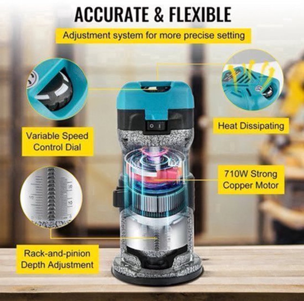 Elektrische Handtrimmer - Met Drie Gereedschapshouders - Vaste Basis - Aluminium Behuizing - Rotatie Van 13k-33k Rpm - 710W