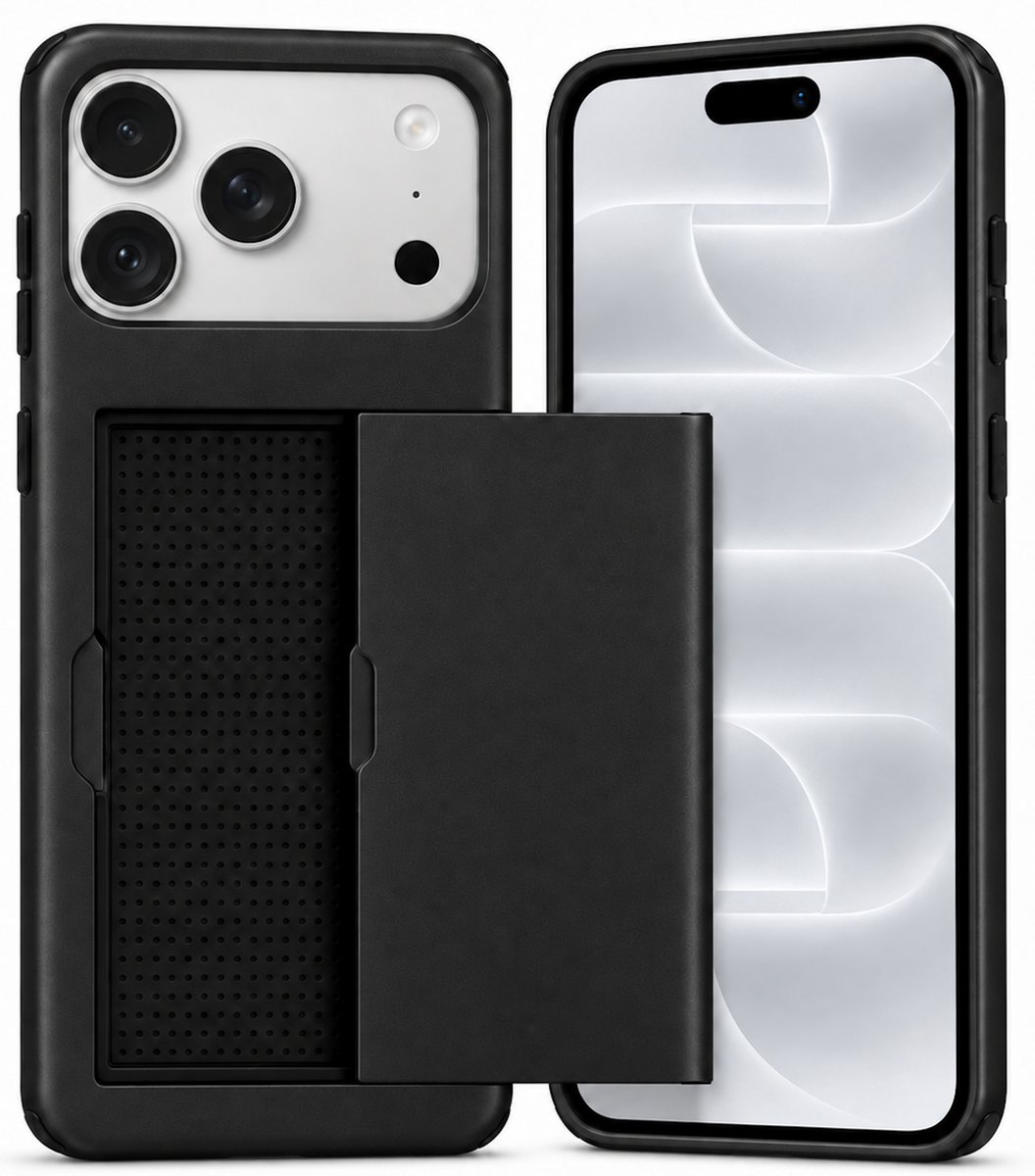 Hoesje met Pasjeshouder geschikt voor iPhone 18 Pro / 17 Pro – Back Cover Slide Case – Zwart – Kaarthouder – Schuifsysteem
