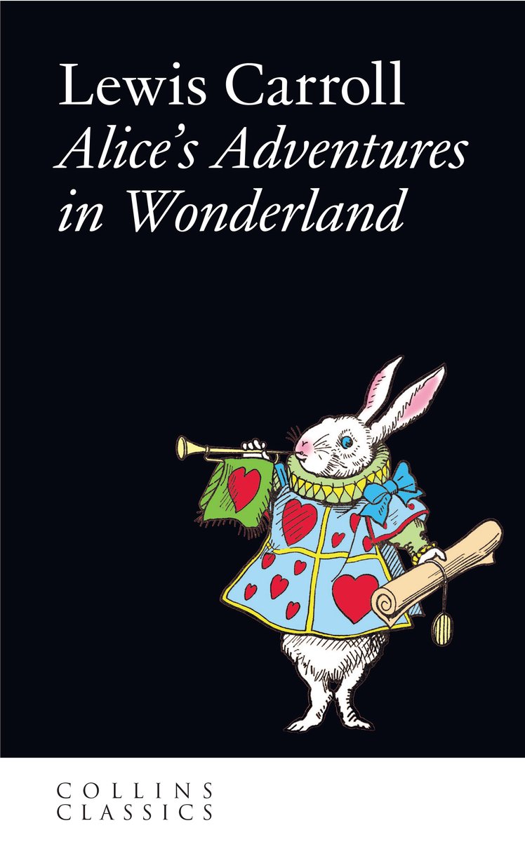 Boekomslag van Lewis Carrolls Alice's Adventures in Wonderland met een illustratie van de Witte Konijn met een trompet en een rol perkament.