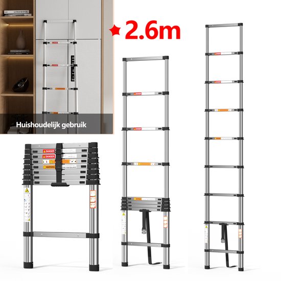 Een 2,6 meter hoge zilveren telescoopladder, getoond in ingeschoven en uitgeschoven staat, naast kasten.