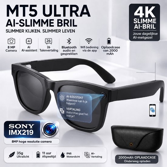Woegel AI Smart Glasses met Camera – Smart Bril 8MP – AI Slimme Zonnebril – Spycam – AI-assistent met ChatGPT & Vertaling – Inc. Oplaadhoes – 2 sets glazen – Bluetooth, WiFi & App – Zwart — afbeelding 2