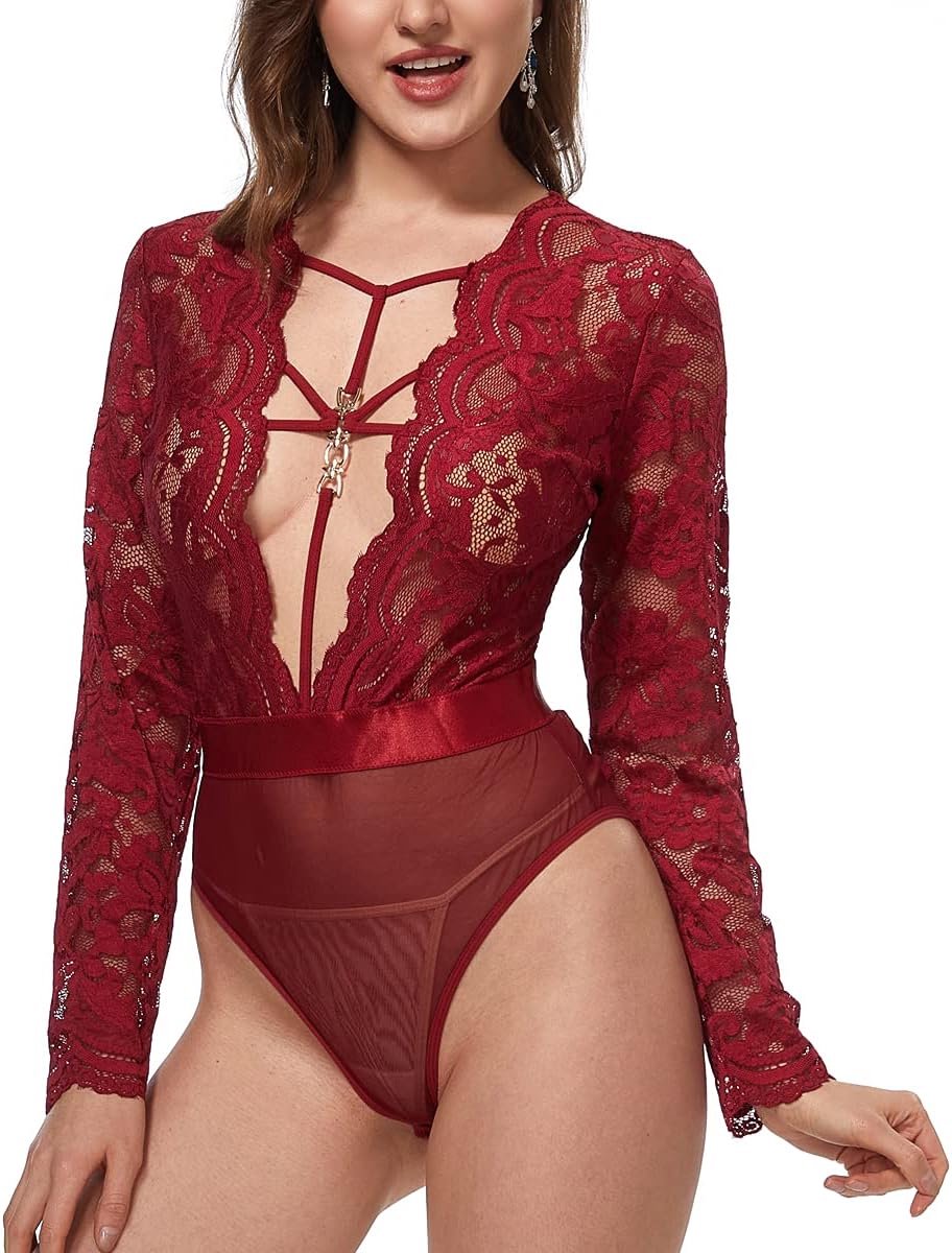 Dames Sexy Ondergoed Lange Mouwen Kanten Negligé Eendelige Bodysuit V-hals Bovendeel