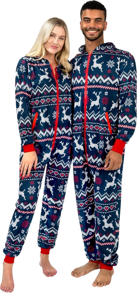 Getup Mooie outfit, groene kerstpyjama voor volwassenen en mannen met capuchon, losse kerstoverall met Scandinavisch printpatroon
