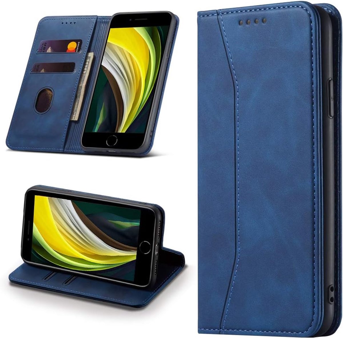 Hoesje voor iPhone SE 2022/iPhone SE 2020/iPhone 8/iPhone 7, [Premium PU-leerhoes] [klapdeksel] [kaarthouder] magnetische leer portefeuille Hoes Flip Case Telefoonhoesje - blauw