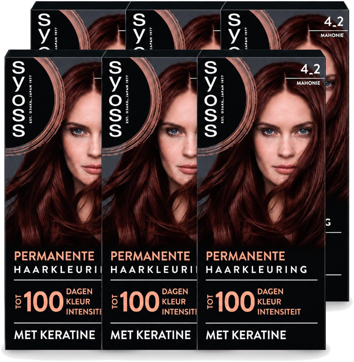 6 x SYOSS - Coloration 4-2 Mahonie - Haarverf - Grijsdekking - Vermindert Haarbreuk - Voordeelverpakking - 6 stuks