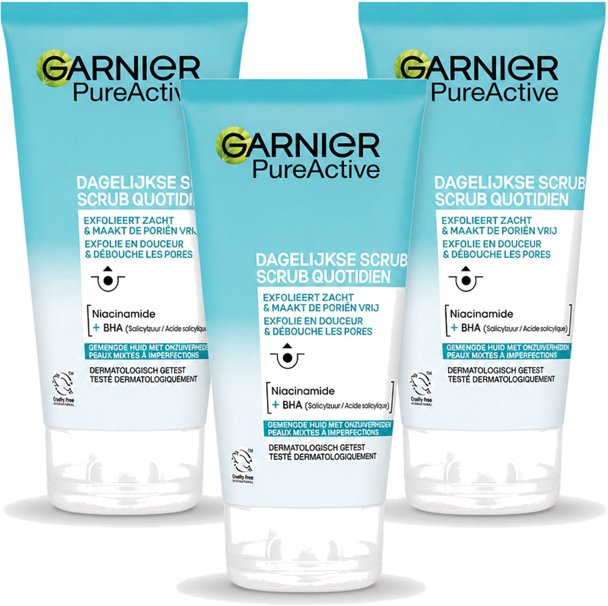 3 x Garnier - Pure Active - Dagelijkse Scrub - Niacinamide & BHA - Exfolieert & Reinigt Poriën - 150 ml - Voordeelverpakking - 3 stuks