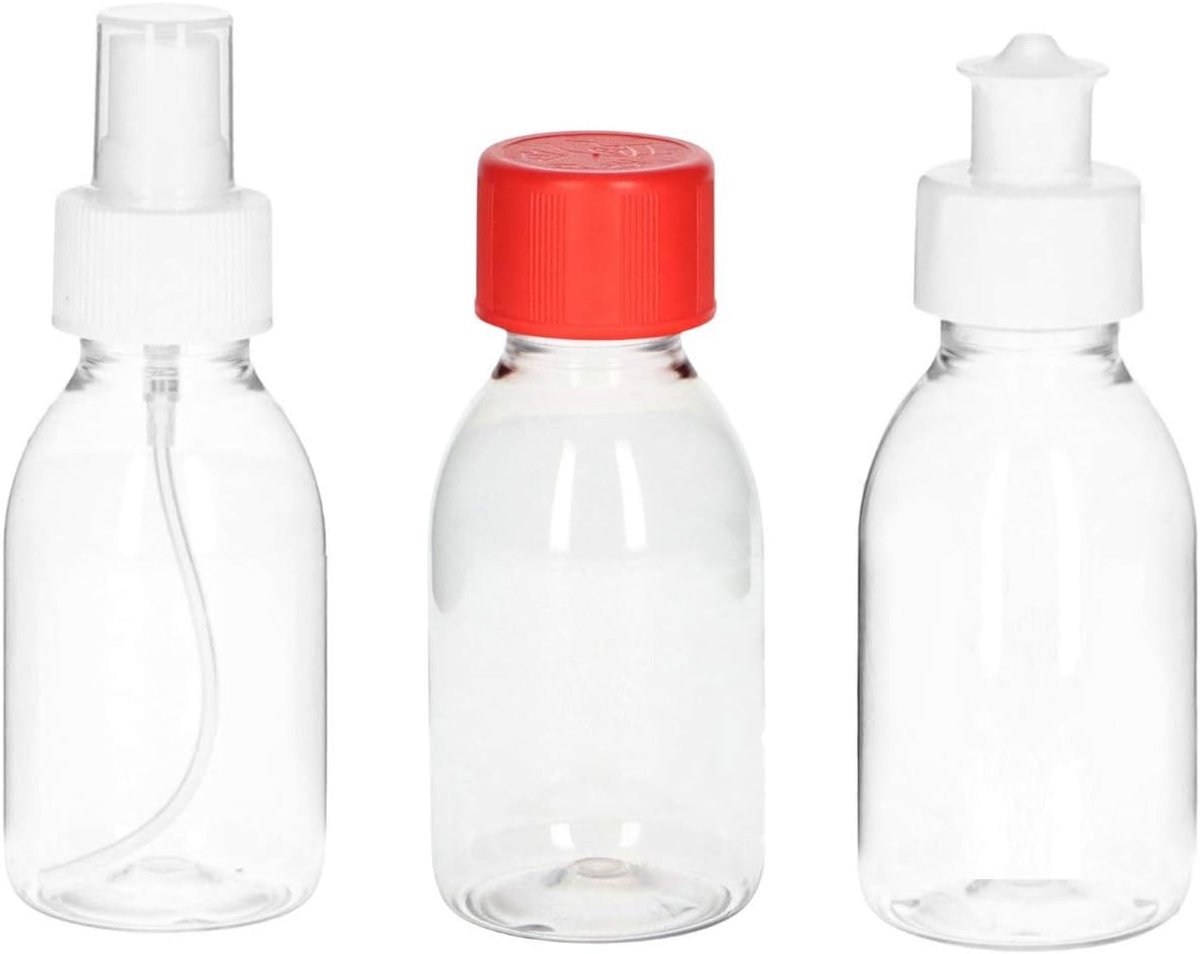 Flessen set van 3 100 ml I transparante vulflessen met 3 verschillende deksels I kleine flessen om te vullen 100ml I vloeibare flessen I plastic fles I cosmeticacontainer