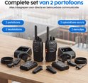 Complete set van twee zwarte portofoons met accessoires zoals oortjes, accu's en laadstations.