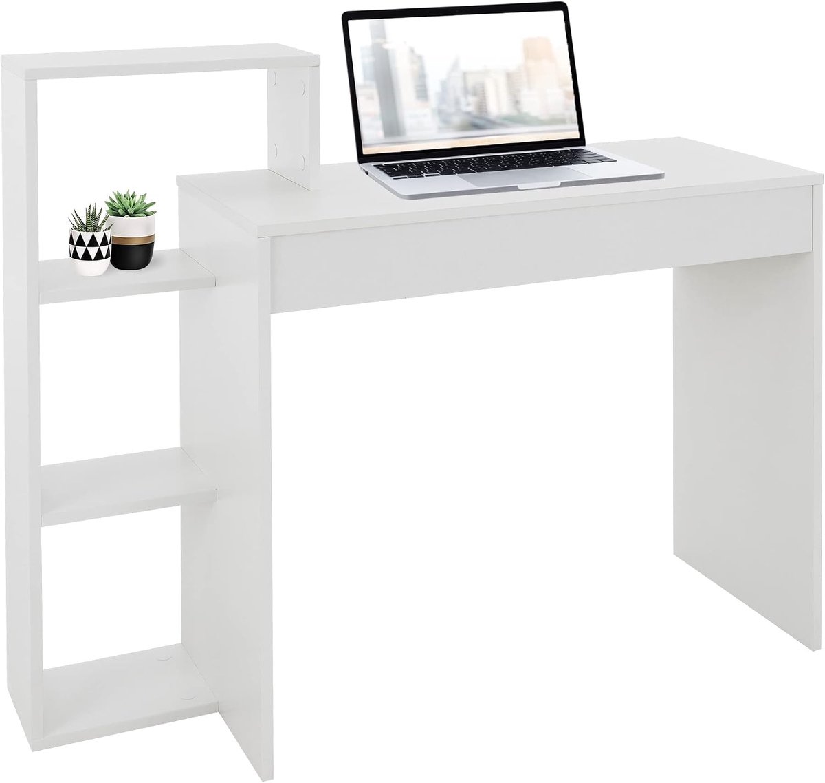 Bureau met legplank, werktafel bureautafel computertafel laptoptafel, met opbergruimte, wit, 3 legplanken, 110x72x40 cm, hout, 2-in-1 systeem, voor thuis/werkkamer