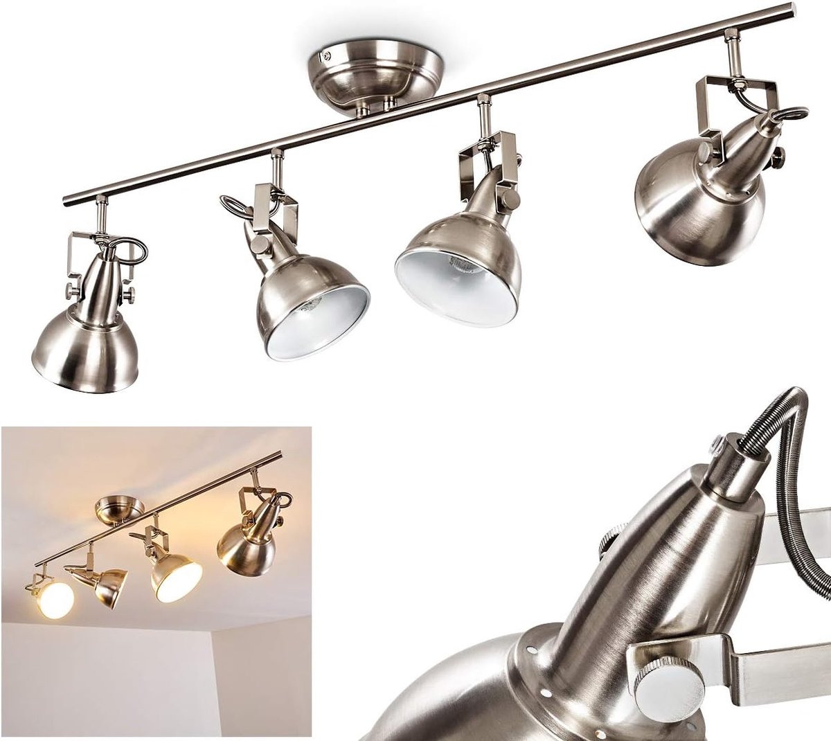 Plafondlamp Tina, metalen plafondlamp in mat nikkel/wit, 4-lichts, met verstelbare spots, 4 x E14-fitting, retro/vintage design spot, zonder gloeilampen