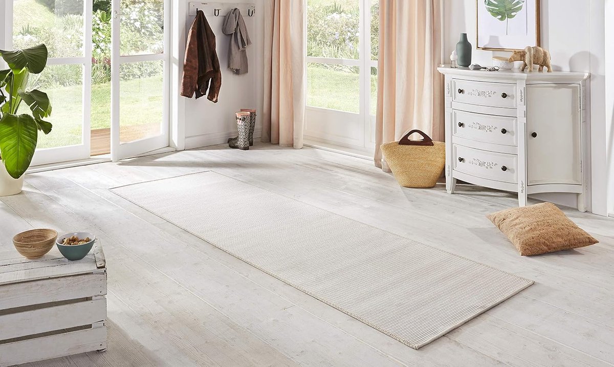 Loper voor binnen en buiten, keukenloper, antislip, plat weefsel, laagpolig, wol-look, keukentapijt voor hal, keuken, tuin, terras, badkamer, crèmewit, 80 x 150 cm