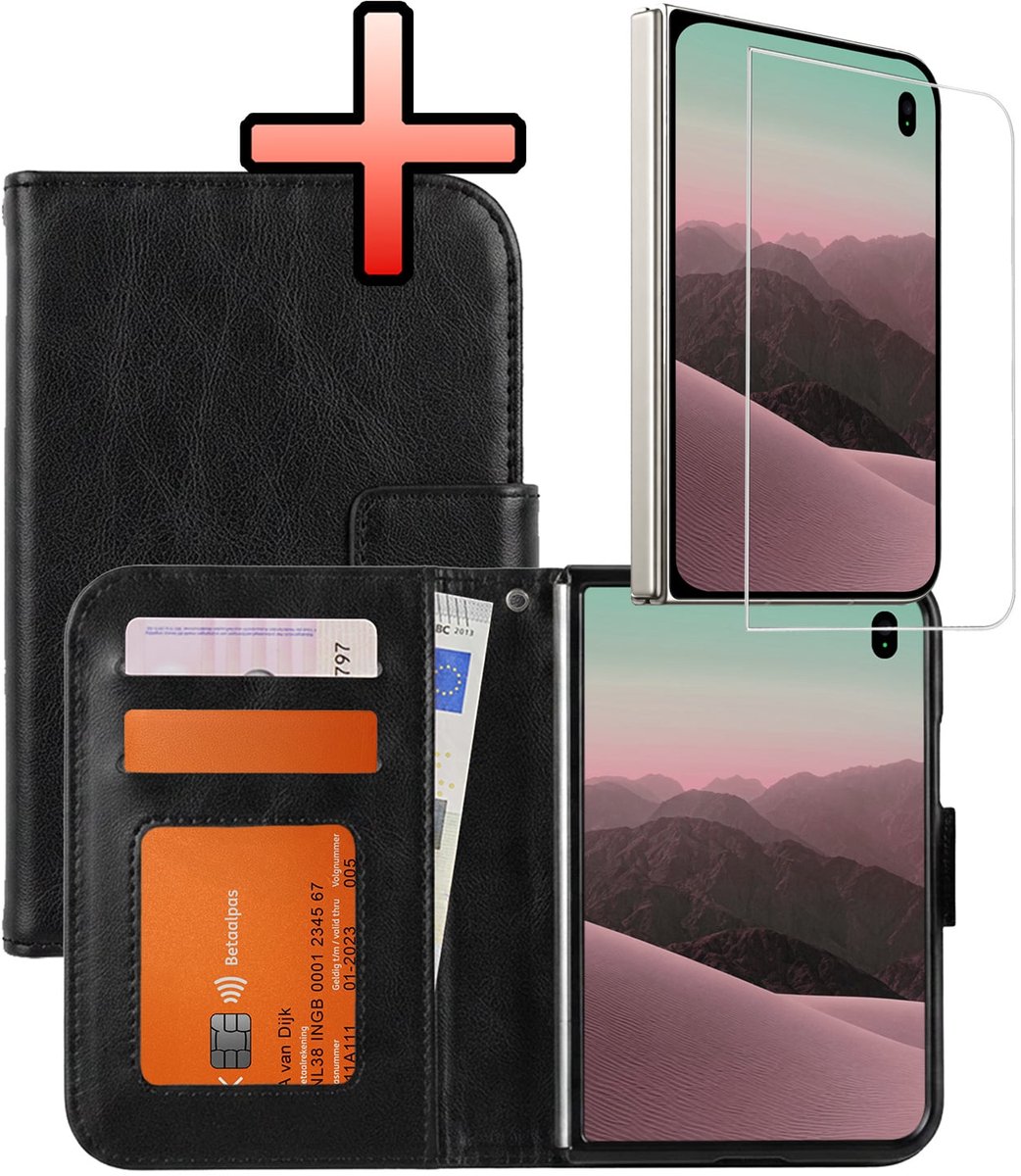 Hoesje - Met Screenprotector - Geschikt voor Apple iPhone Duo - Luxe Pasjeshouder - Bookcase Portemonee - Flip Case - Kunstleer Book Case - Flipcase - Book Cover - Walletcase - Portemonneehoes - Zwart
