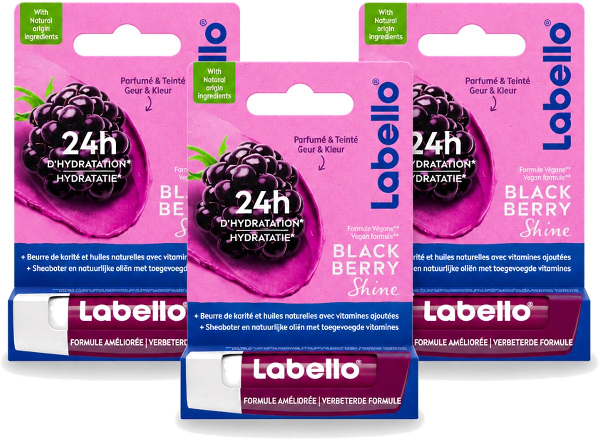 3 x Labello – Lippenbalsem – Blackberry Shine – Lippenbalsem – Shea Boter & Jojoba Olie – 5,5 ml - Voordeelverpakking - 3 stuks