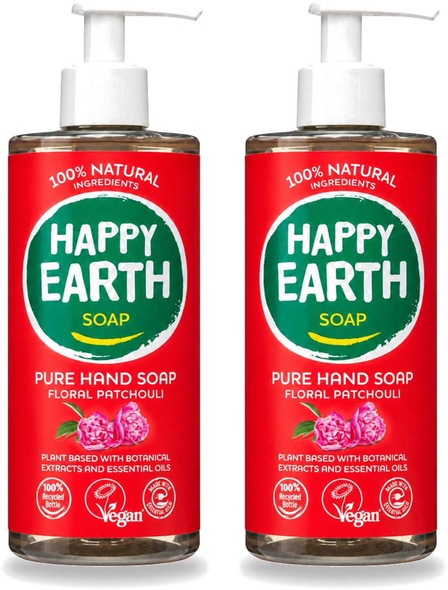 2 x Happy Earth – Handzeep – 100% Natuurlijk Floral Patchouli – 300 ml - Voordeelverpakking - 2 stuks