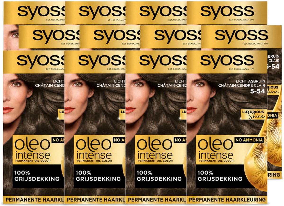 12 x SYOSS - Oleo Intense 5-54 Licht As Bruin - Haarverf - Zonder Ammoniak - Grijsdekking - Langdurige Kleur - Voordeelverpakking - 12 stuks