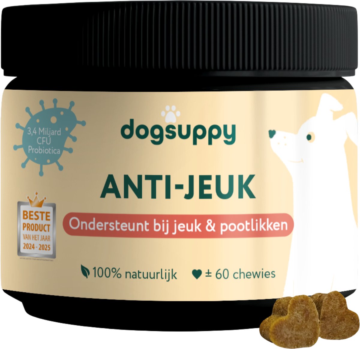 Bol.com Anti-Jeuk Probiotica - Zonder vlees - 100% natuurlijk - 60 heerlijke snoepjes - Bij Gevoelige Huid, Krabben, Poten likke... aanbieding