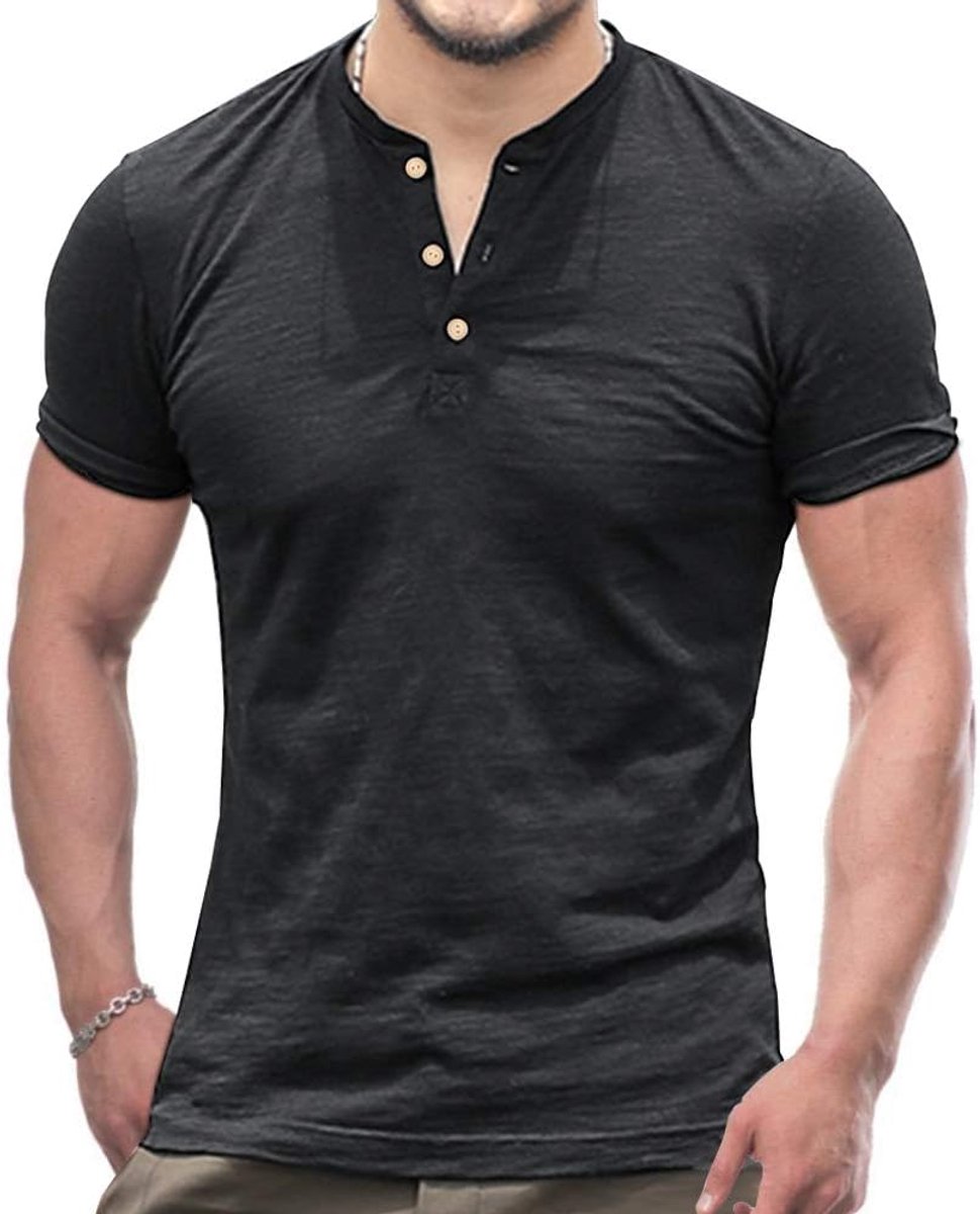 Regular-fit Henley T-shirt met korte mouwen met 3 knoppen Placket Slub Vintage Katoen Zwart M