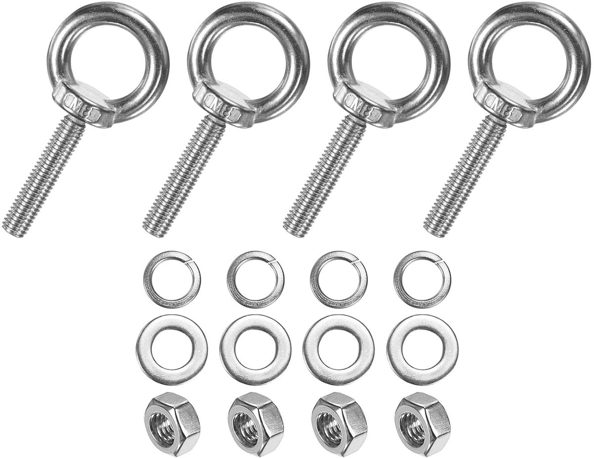 Set van 4 schroefringen van roestvrij staal M8 x 40 mm met moer en sluitring voor ophanging/bevestiging buitendraad met schouderlengte 3,9 cm