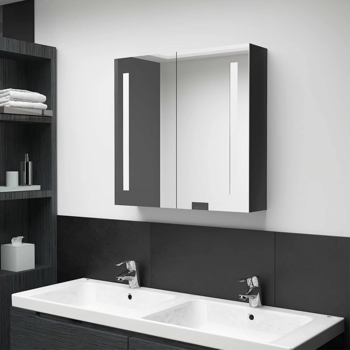 Badkamerkast met spiegel en led, spiegelkast met ledverlichting, spiegelkasten, badkamerspiegel, badkamerspiegel, badkamerspiegel, zwart glanzend, 62 x 14 x 60 cm