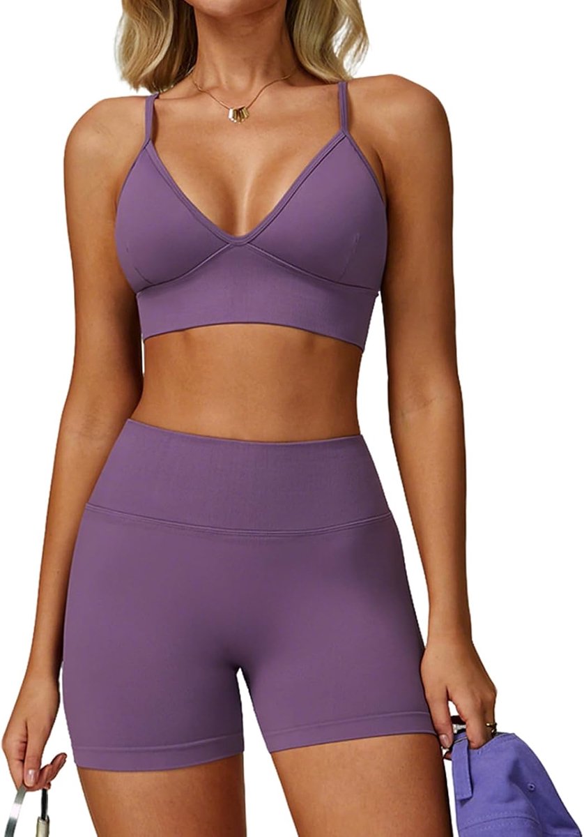 Sportset voor dames Geribbelde gymset Sportoutfit Sportieve yogaset fitnessset Kleding Sportbeha met V-hals en open rug Gecombineerd met een scrunch-short Naadloze sportkleding Tweedelige Set