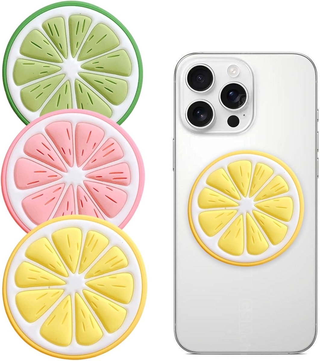 Stuks opvouwbare telefoonhouders in de vorm van een citroenschijf, met een uitschuifbare voet van zacht PVC en een intrekbare grip voor smartphones en tablets (roze, geel, groen)