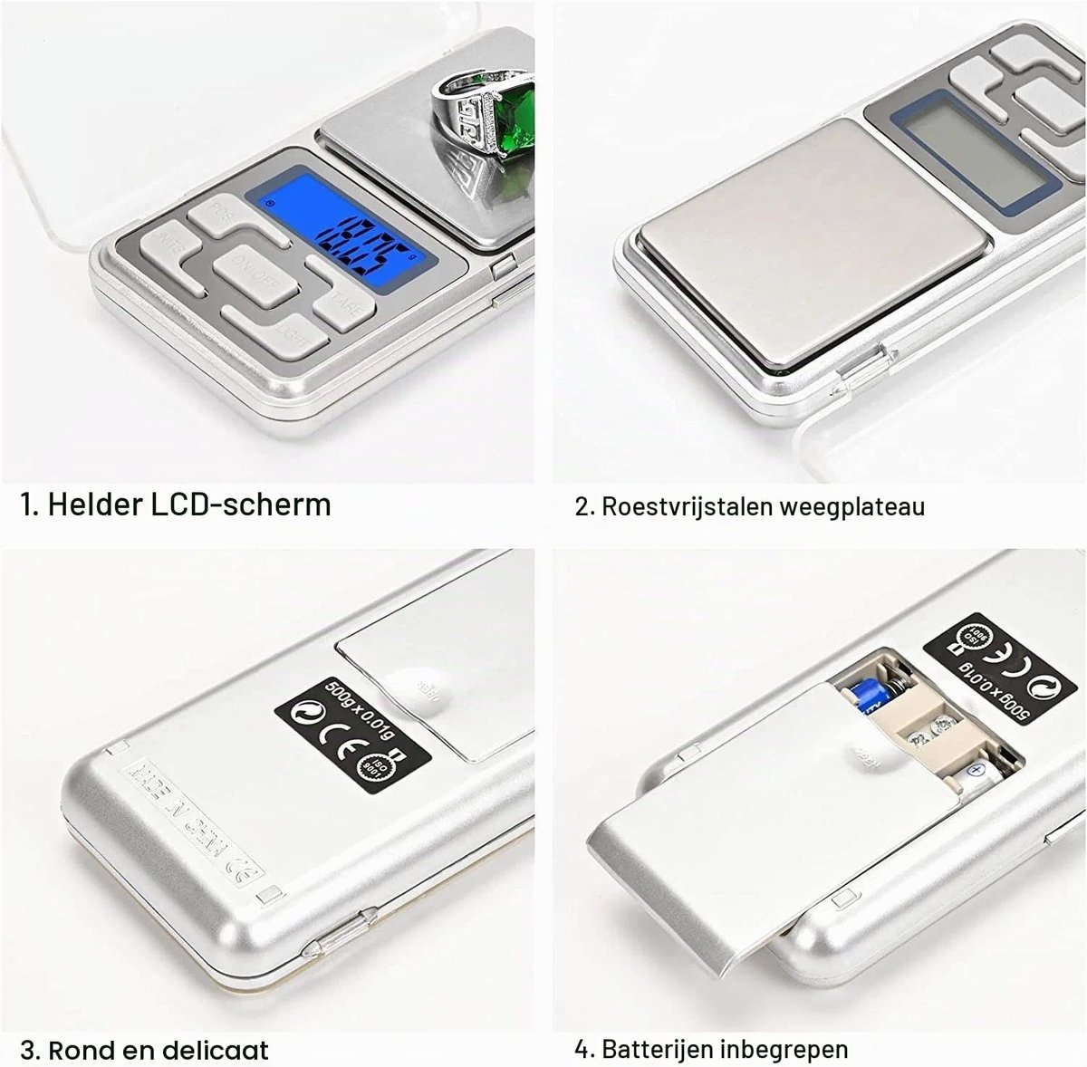 Precisieweegschaal Hoge Precisie 500 g/0,01 g, Elektronische Keukenweegschaal met LCD-scherm en Tare-functie, Mini Weegschaal van Roestvrij Staal, voor Huis en Keuken