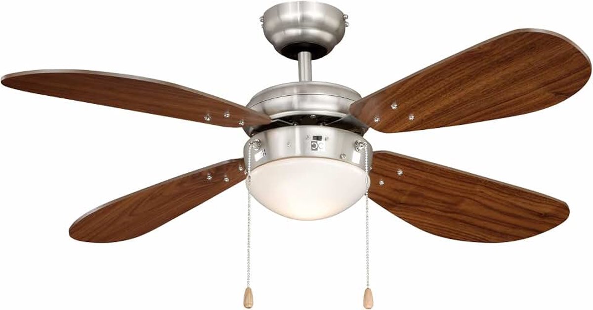 Plafondventilator met verlichting Classic, behuizing nikkel, vleugelkleur walnoot, 105 cm